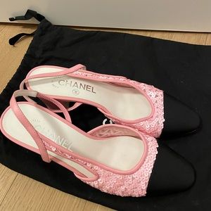 Pink Sequins Chanel Heeled Ballet Shoes